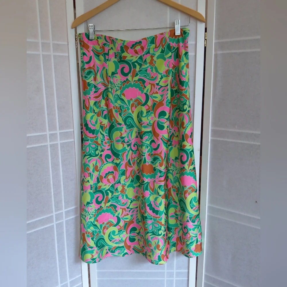 J.Crew pull - on slip  pink green floral midi skirt